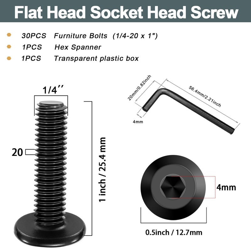 Taiss 30pcs 1/4-20 x 1 Flat Head Socket Head Screw,Furniture Bolts,Furniture Screws 304 Stainless Steel,1/4 Bolts Black Zinc Plated Fully Threaded,Countersunk Connector Screws with Hex Spanner - Image 2