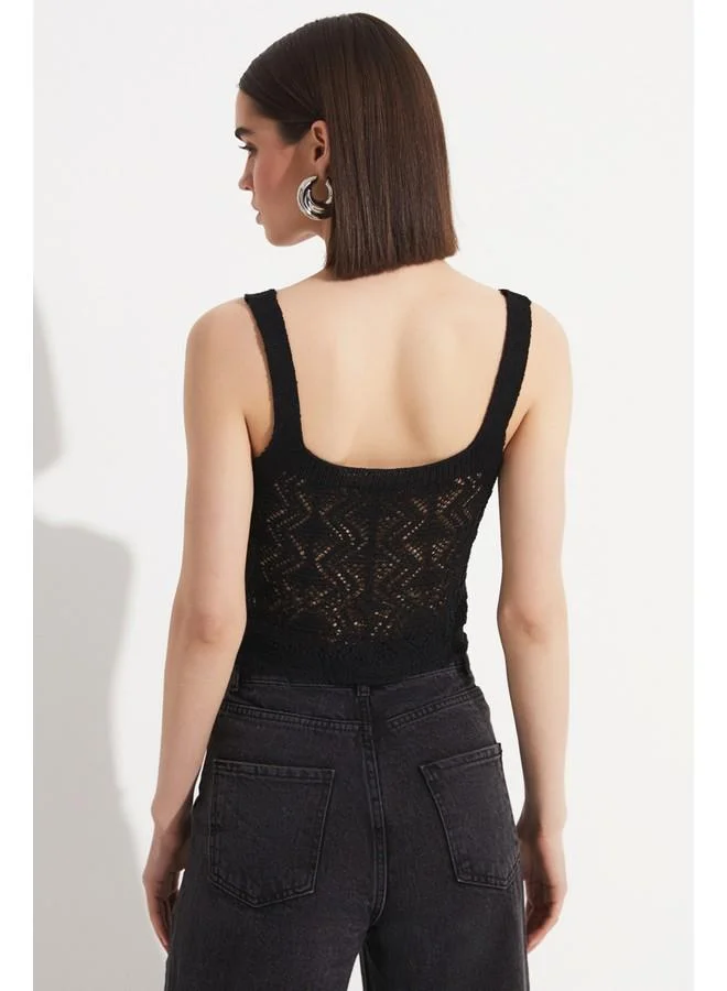 جون June Women Cotton Blend Thick Strap Knitwear Blouse Black