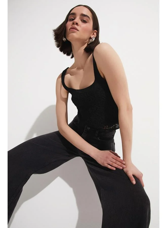 جون June Women Cotton Blend Thick Strap Knitwear Blouse Black