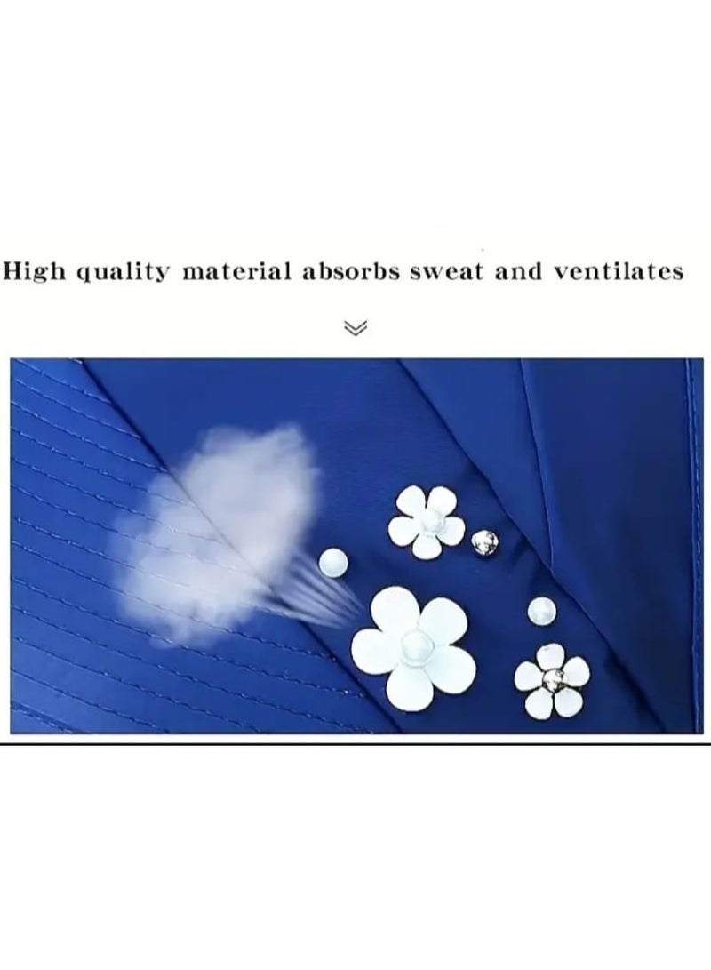 BOLREUS Women Wide Brim Sun Visor Hat Protection, Foldable & Breathable With Faux Pearl & Flower Accents, Blue Scallop Cap for Beach, Picnics & Outdoor Activities, Comfort Breathable Sun Protection Flat Top Hat - Image 3