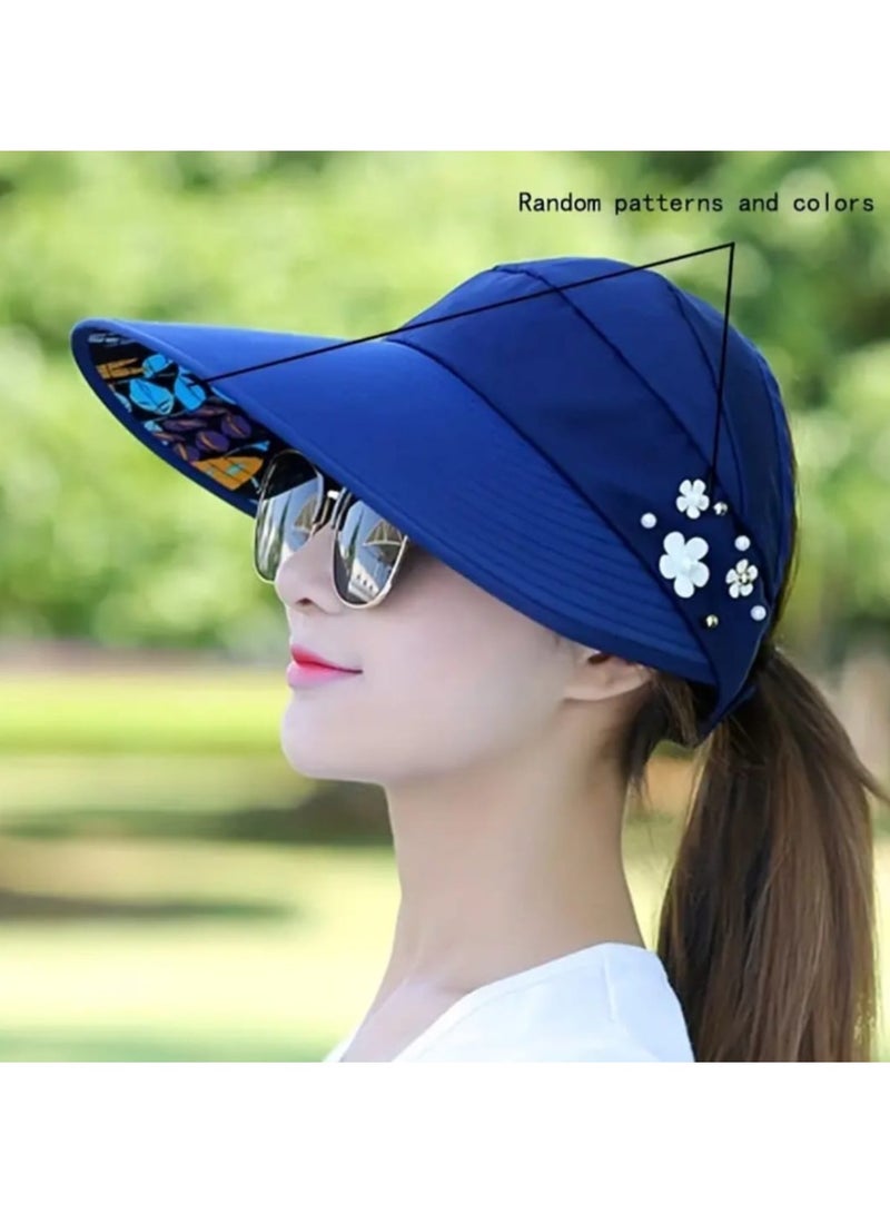 BOLREUS Women Wide Brim Sun Visor Hat Protection, Foldable & Breathable With Faux Pearl & Flower Accents, Blue Scallop Cap for Beach, Picnics & Outdoor Activities, Comfort Breathable Sun Protection Flat Top Hat - Image 1