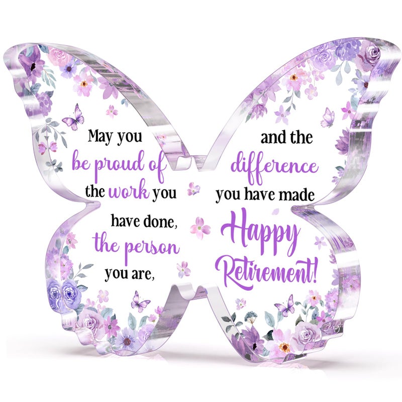 Glydein Unique Retirement Gift for Woman Men 2026, 5x3.8x0.5 Inch Purple Butterfly Acrylic Plaque Decor with Warm Words, Best Retirement Gifts for Coworker Teacher Friend Nurse Boss - Image 1