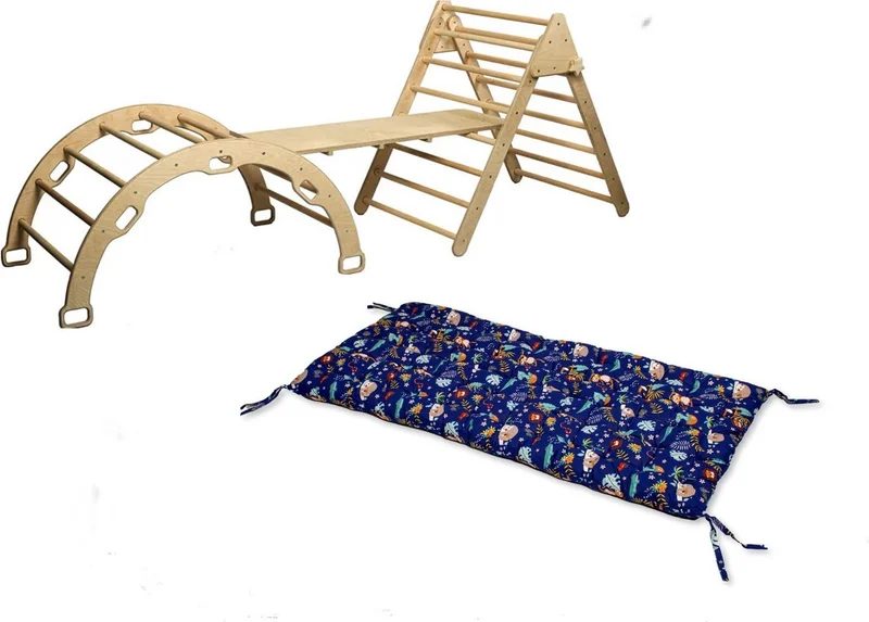 Kidoppo Pikler Climbing Set and Pillow | Montessori Set of 3 | Arch + Triangle + Stair Ramp + Forest Pattern Pillow