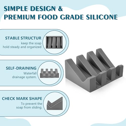 Coipdfty Self Draining Soap Dish Holder,Silicone Soap Dish,for Bathroom,Kitchen, Sponges，Can Extend Soap Life，Keep Soap Bars Dry and Easy Cleaning (1, Grey) - Image 3