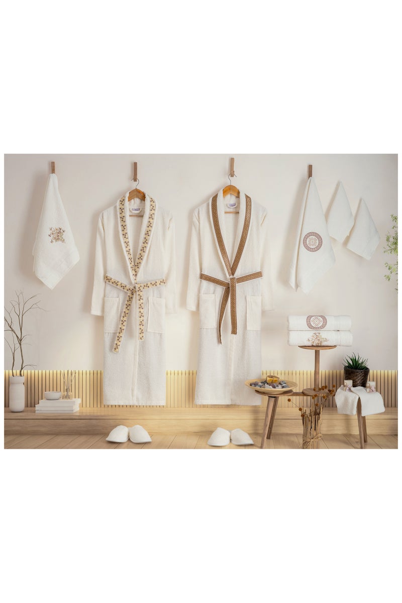 نورباك طقم رداء حمام عائلي فاخر مكون من 16 قطعة، مصنوع من القطن التركي بنسبة 100%، طقم رداء حمام ومنشفة فاخر للزوجين، يتضمن 3 أحجام من المناشف، ونعال، وقفازات غسيل، وصابون، بني/عاجي - Image 1