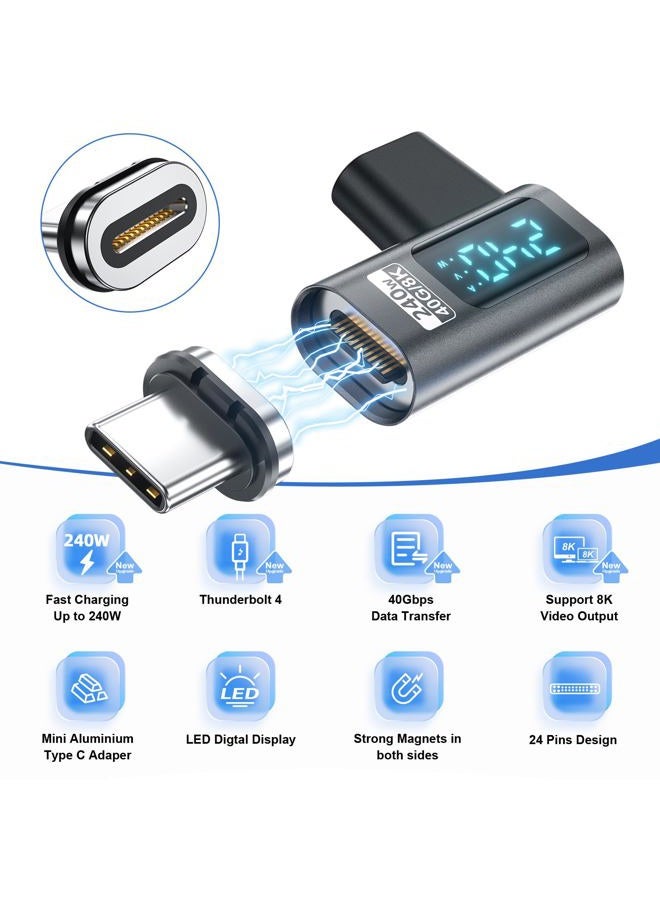 DuHeSin محول مغناطيسي USB C عرض رقمي بزاوية 90 درجة PD240W 24Pin (عبوة 2) عرض LED للجهد والتيار والطاقة، جهاز قياس طاقة Type C 90 درجة USB4 40Gbps 8K 60Hz لتقنية Thunderbolt 3/4، MacBook Pro/Air - Image 3