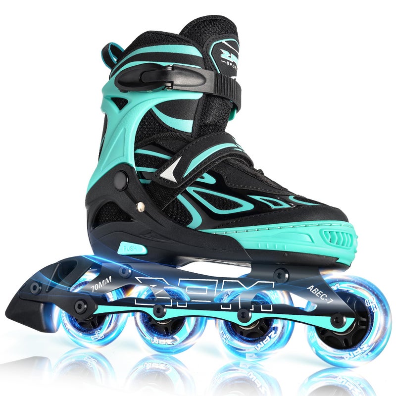 2PM SPORTS Vinal Girls Adjustable Flashing Inline Skates All Wheels Light Up Fun Illuminating Skates for Kids Women and Men Mint Medium