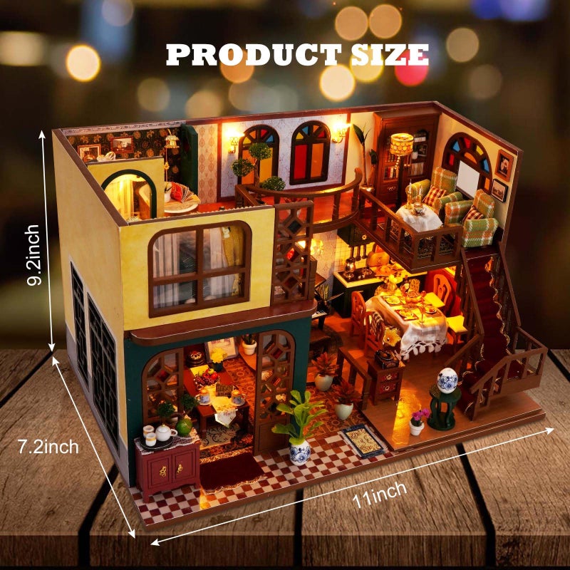 Foyucool DIY Miniature House Kit, Dollhouse Kit with Light and Dust Cover, Mini House Building Kits for for Adult to Building, Christmas Home Decorations Gifts for Family and Friends, Retro Loft - Image 2
