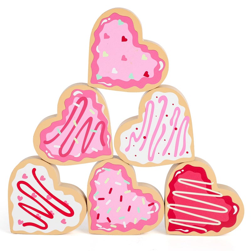 Yewfold 6Pcs Wooden Candy Heart Decor, Valentine's Day Double-Sided Heart Signs, Valentines Day Tiered Tray Desk Table Decor - Image 1