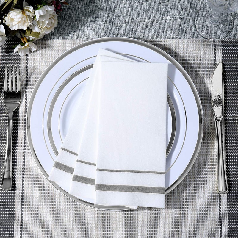 FOCUSLINE 200 Linen Feel Disposable Bathroom Napkins, Soft and Absorbent Paper Guest Towels, Cloth-Like Hand Towels Decorative Paper Napkins for Parties, Weddings, Dinners or Events, Silver, 12" x 17" - Image 4