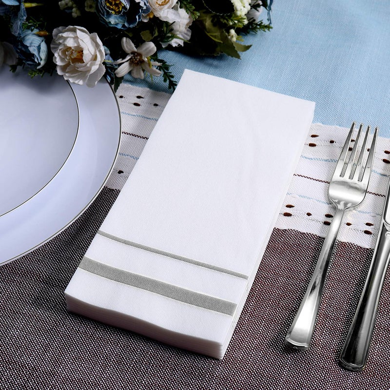 FOCUSLINE 200 Linen Feel Disposable Bathroom Napkins, Soft and Absorbent Paper Guest Towels, Cloth-Like Hand Towels Decorative Paper Napkins for Parties, Weddings, Dinners or Events, Silver, 12" x 17" - Image 3