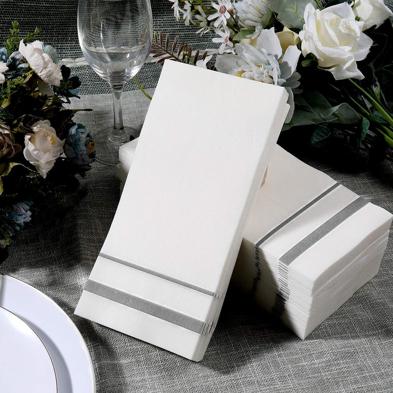 FOCUSLINE 200 Linen Feel Disposable Bathroom Napkins, Soft and Absorbent Paper Guest Towels, Cloth-Like Hand Towels Decorative Paper Napkins for Parties, Weddings, Dinners or Events, Silver, 12" x 17" - Image 5