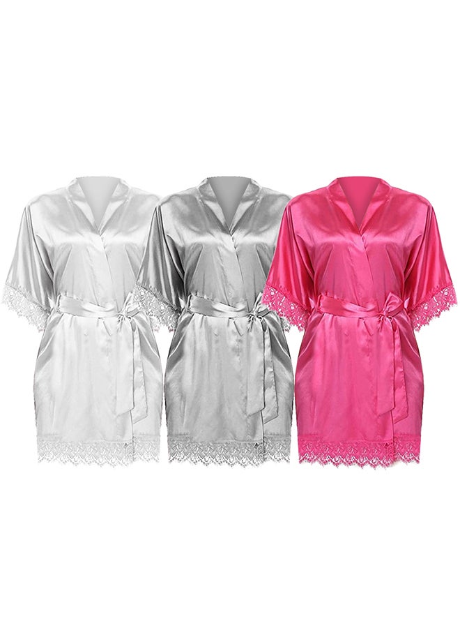 MARGOUN 3 Pack XL Size Women Satin Robe Belted Silky Robe Sleepwear Bridal Robe Kimono Lace Sleeve Nightgown /XL(bust:88-92/waist:72-76) - Image 3