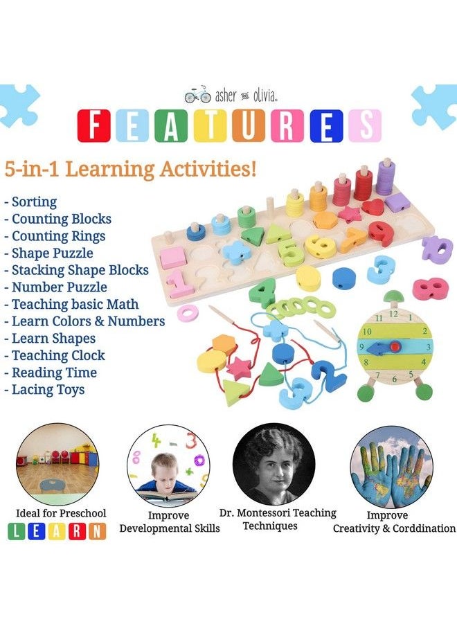 Asher and Olivia - Montessori Fine Motor Skill Toys Math Wooden Number Shape Set With Learning Clock And Lacing Beads Montessori Toy For Toddlers 3 4 5 Year Old Preschool Learning Toys Sorting Stacking Counting - Image 1