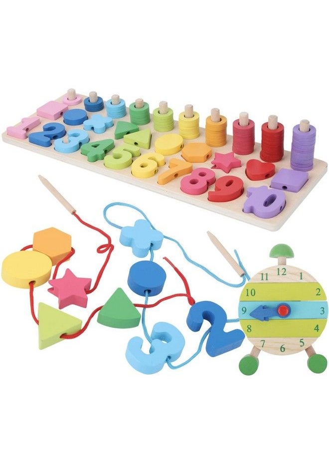 Asher and Olivia - Montessori Fine Motor Skill Toys Math Wooden Number Shape Set With Learning Clock And Lacing Beads Montessori Toy For Toddlers 3 4 5 Year Old Preschool Learning Toys Sorting Stacking Counting - Image 1