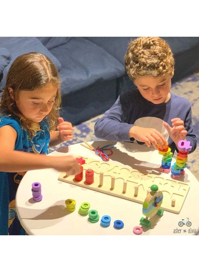 Asher and Olivia - Montessori Fine Motor Skill Toys Math Wooden Number Shape Set With Learning Clock And Lacing Beads Montessori Toy For Toddlers 3 4 5 Year Old Preschool Learning Toys Sorting Stacking Counting - Image 1