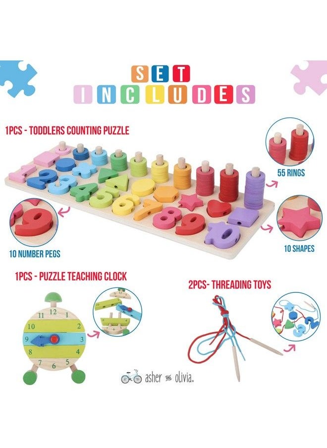 Asher and Olivia - Montessori Fine Motor Skill Toys Math Wooden Number Shape Set With Learning Clock And Lacing Beads Montessori Toy For Toddlers 3 4 5 Year Old Preschool Learning Toys Sorting Stacking Counting - Image 1