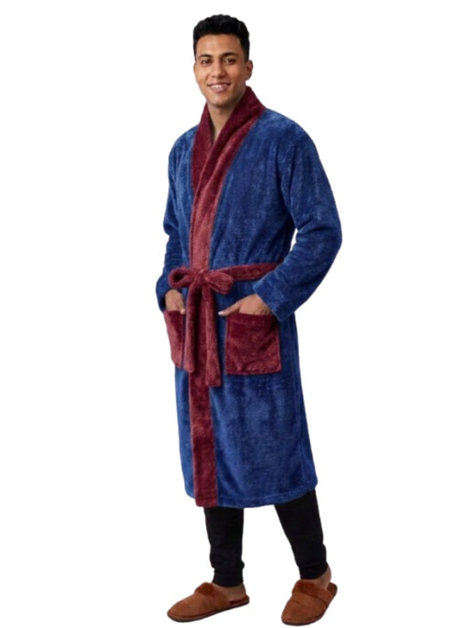 Men's flannel bathrobe, blue and burgundy