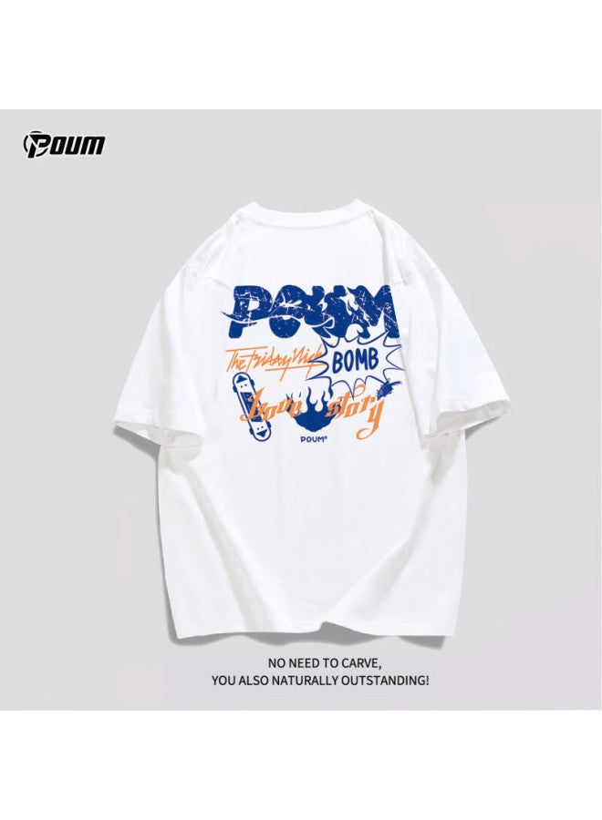 Poum Men's And Women's Summer Thin Loose Casual Cool Feeling Pure Cotton T-shirt Ph06 White L - Image 1