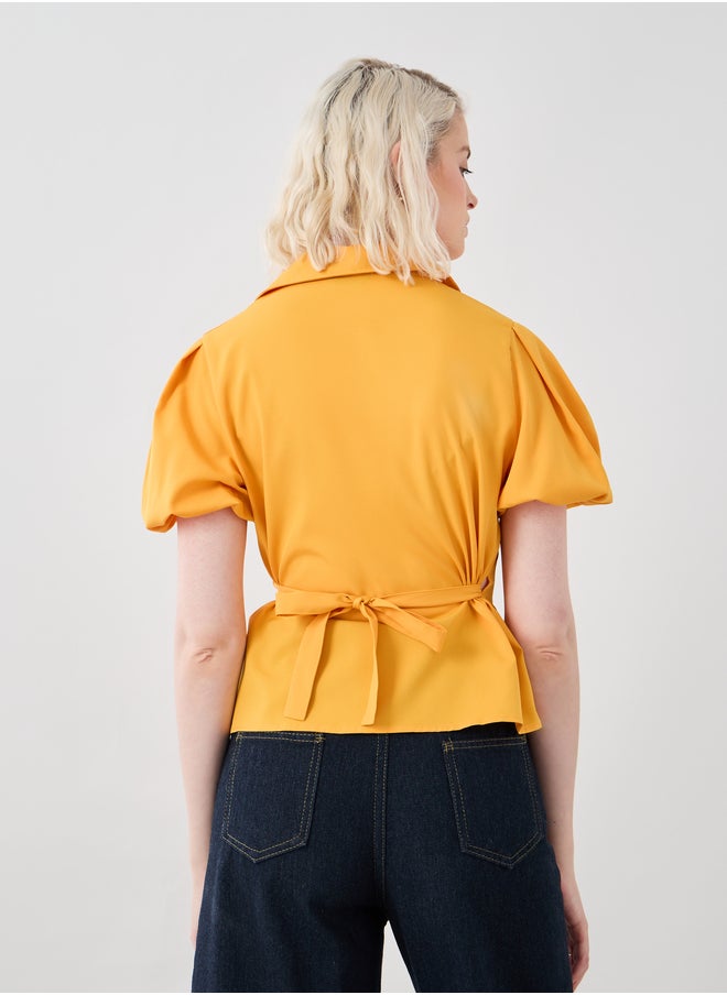 Take Two Take Two Solid Puff Sleeve V-Neck Wrap Top  - Image 4