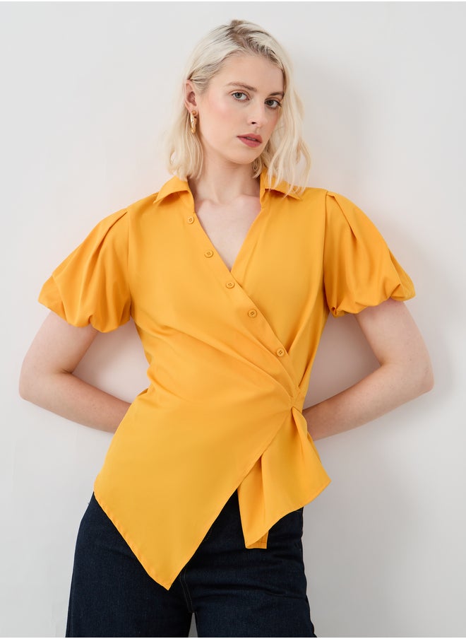 Take Two Take Two Solid Puff Sleeve V-Neck Wrap Top  - Image 1
