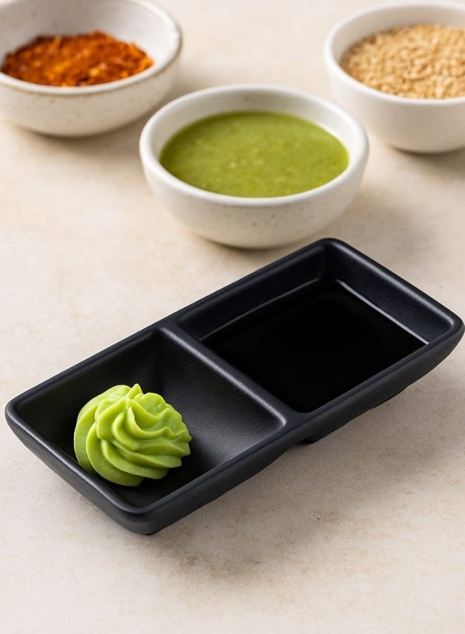 Happy Home Melamine Serving Platter with 2 Compartments for Soy Sauce, Wasabi Sauce Dishes, Dipping and Condiment Bowls, Kitchen Accessories for Restaurants and Catering in Classic Japanese Style 13cm (Black - Shatterproof) - Image 5
