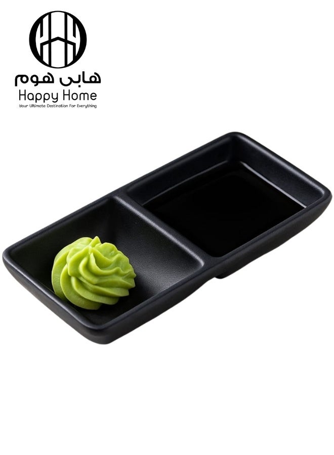 Happy Home Melamine Serving Platter with 2 Compartments for Soy Sauce, Wasabi Sauce Dishes, Dipping and Condiment Bowls, Kitchen Accessories for Restaurants and Catering in Classic Japanese Style 13cm (Black - Shatterproof) - Image 1