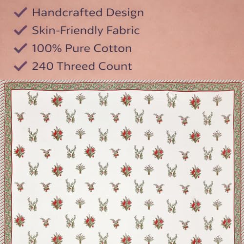 elanorhomes 240 TC Cotton Double King Size Bedsheet | Jaipuri Hand Printed | Ultra-Soft & Skin-Safe | Breathable Summer Comfort | 93x108 inches with 2 Pillow Covers (Red Bageecha) - Image 3