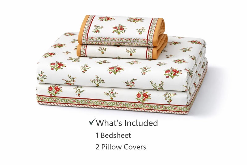 elanorhomes 240 TC Cotton Double King Size Bedsheet | Jaipuri Hand Printed | Ultra-Soft & Skin-Safe | Breathable Summer Comfort | 93x108 inches with 2 Pillow Covers (Red Bageecha) - Image 4