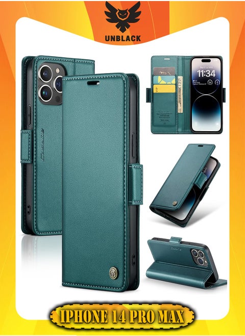 Flip Wallet Case For Apple iPhone 14 Pro Max, [RFID Blocking] PU Leather Wallet Flip Folio Case with Card Holder Kickstand Shockproof Phone Cover (Green)