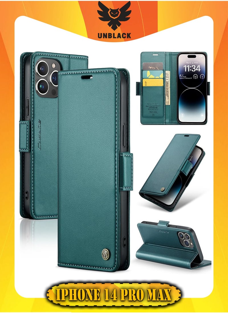 CaseMe - Flip Wallet Case For Apple iPhone 14 Pro Max, [RFID Blocking] PU Leather Wallet Flip Folio Case with Card Holder Kickstand Shockproof Phone Cover (Green) - Image 1