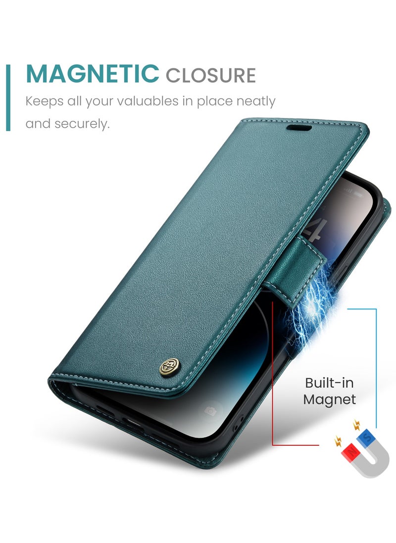 CaseMe - Flip Wallet Case For Apple iPhone 14 Pro Max, [RFID Blocking] PU Leather Wallet Flip Folio Case with Card Holder Kickstand Shockproof Phone Cover (Green) - Image 1