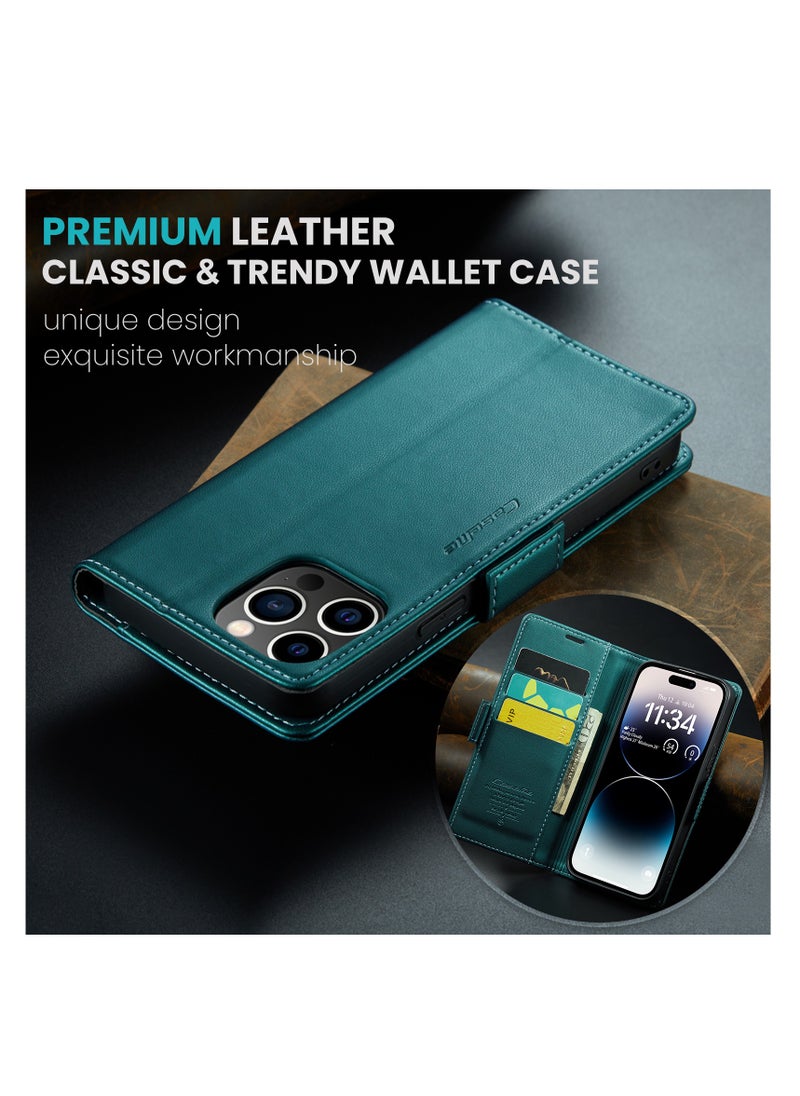 CaseMe - Flip Wallet Case For Apple iPhone 14 Pro Max, [RFID Blocking] PU Leather Wallet Flip Folio Case with Card Holder Kickstand Shockproof Phone Cover (Green) - Image 1