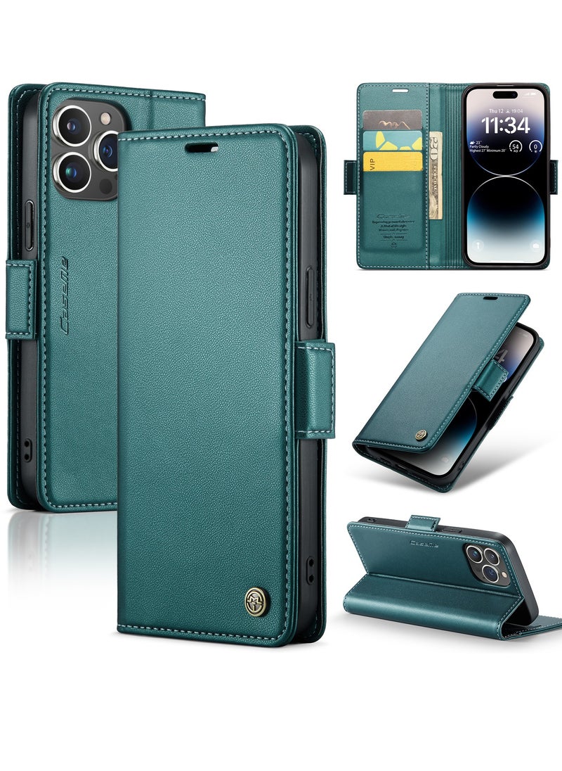 CaseMe - Flip Wallet Case For Apple iPhone 14 Pro Max, [RFID Blocking] PU Leather Wallet Flip Folio Case with Card Holder Kickstand Shockproof Phone Cover (Green) - Image 1