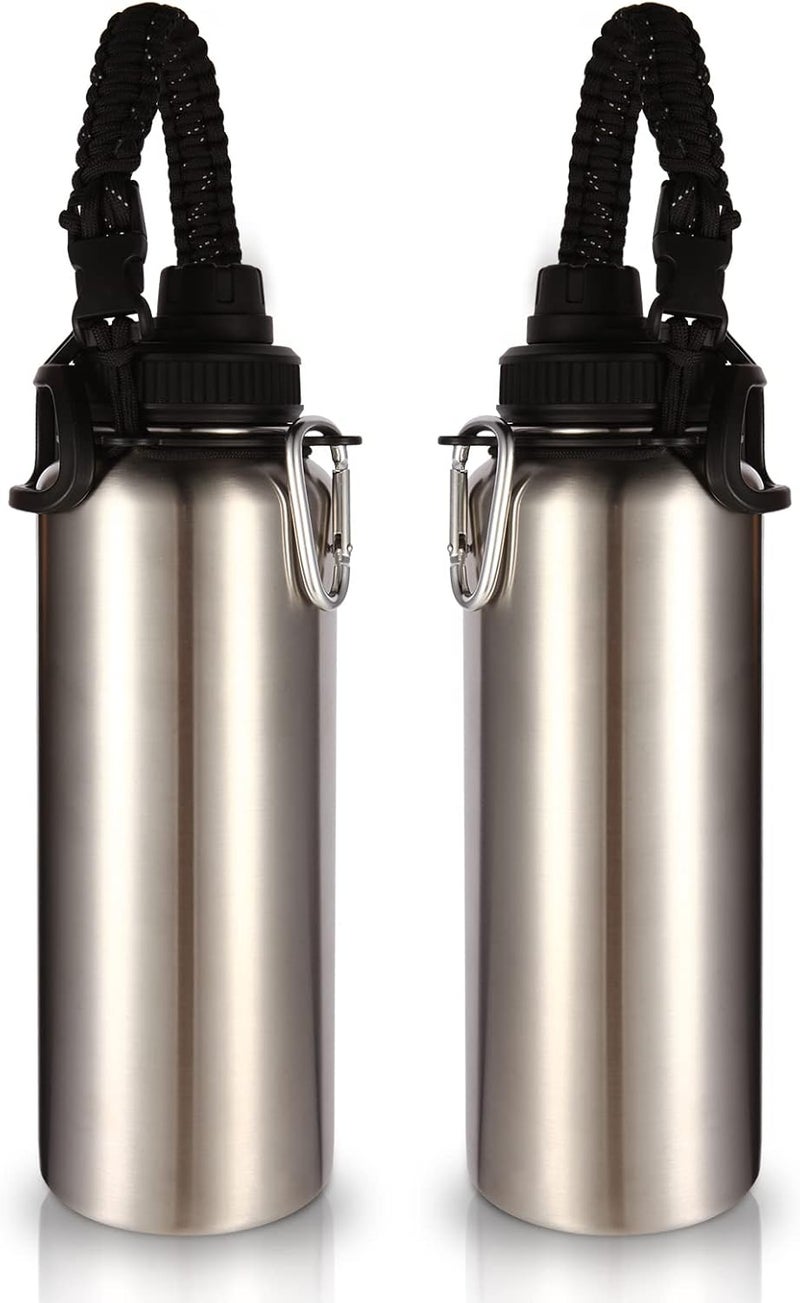Volhoply Insulated Water Bottles Bulk 2 Pack, 40 oz Stainless Steel Sports Bottle with Paracord Handle & Spout Lid, Double Walled Vacuum Metal Cups,Reusable Big Water jug for Hiking(Silver,2 Set) - Image 1