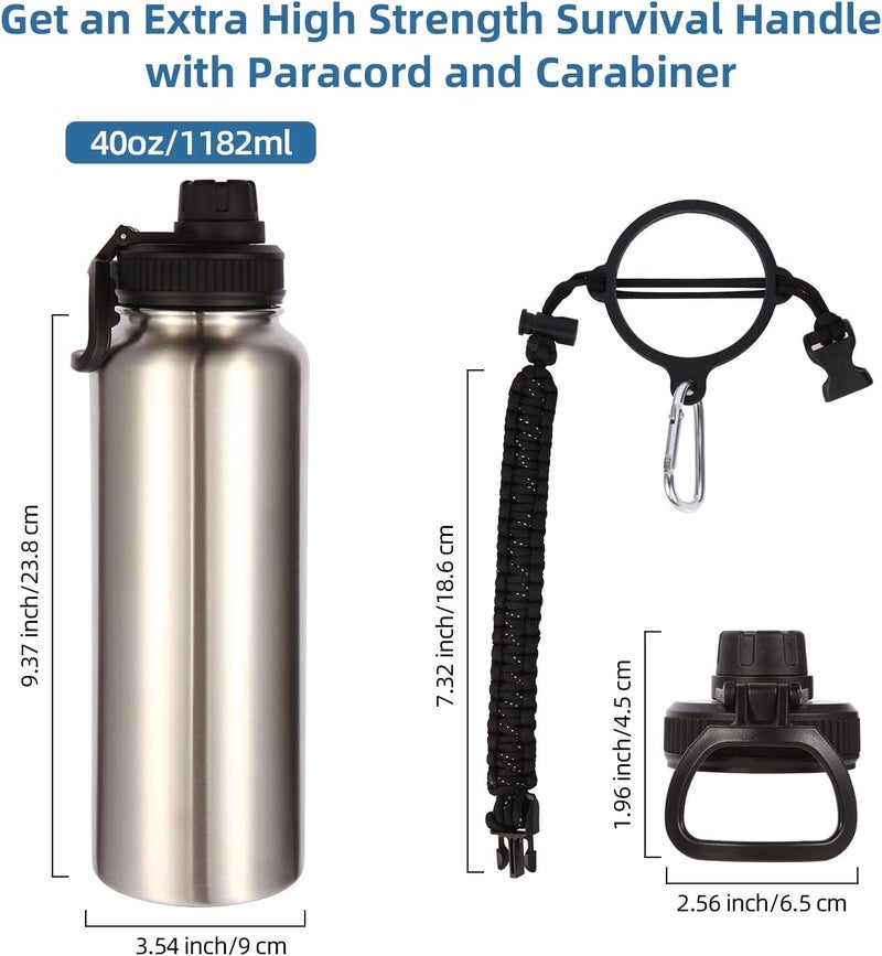 Volhoply Insulated Water Bottles Bulk 2 Pack, 40 oz Stainless Steel Sports Bottle with Paracord Handle & Spout Lid, Double Walled Vacuum Metal Cups,Reusable Big Water jug for Hiking(Silver,2 Set) - Image 3