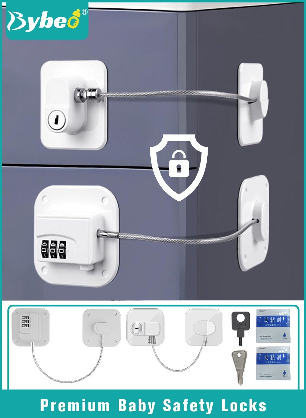 2-Piece Baby Safety Locks, Combination Lock and Key Lock, Kids Security Locks Set, Adjustable Children Safety Locker for Window, Freezer, Cabinet, Drawers, Door, 3M Adhesive Pads, No Drilling, Ideal for Toddlers Children and Kids
