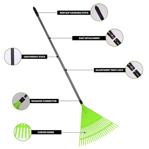 OUTO Telescopic Rake Set Adjustable Garden Broom (46 to 61 inches) Long Handle with 3 Heads for Quick Clean Up of Lawn Yard Leaf & Roof - Image 2
