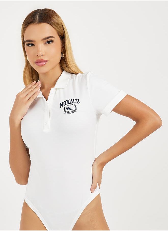 Styli Embroidery Detail Polo Neck Knit Bodysuit  - Image 1