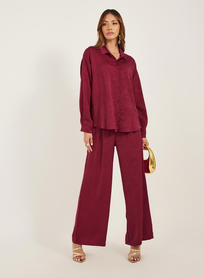 Styli Women Burgundy Textured Satin Shirt and Wide Leg Trousers Co-Ords  - Image 2
