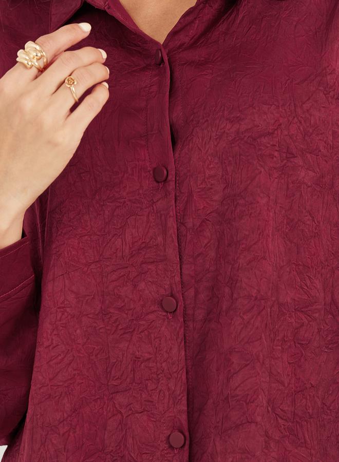 Styli Women Burgundy Textured Satin Shirt and Wide Leg Trousers Co-Ords  - Image 4