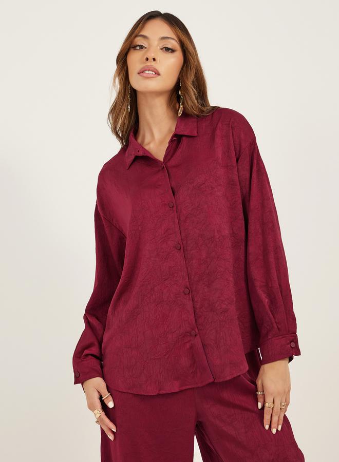 Styli Women Burgundy Textured Satin Shirt and Wide Leg Trousers Co-Ords  - Image 3