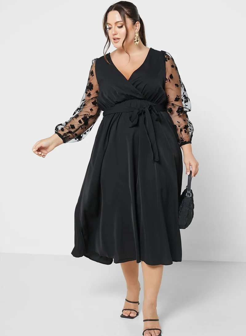 Ella Plus Mesh Sleeve Tie Waist Dress
