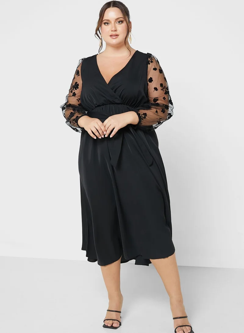 Ella Plus Mesh Sleeve Tie Waist Dress