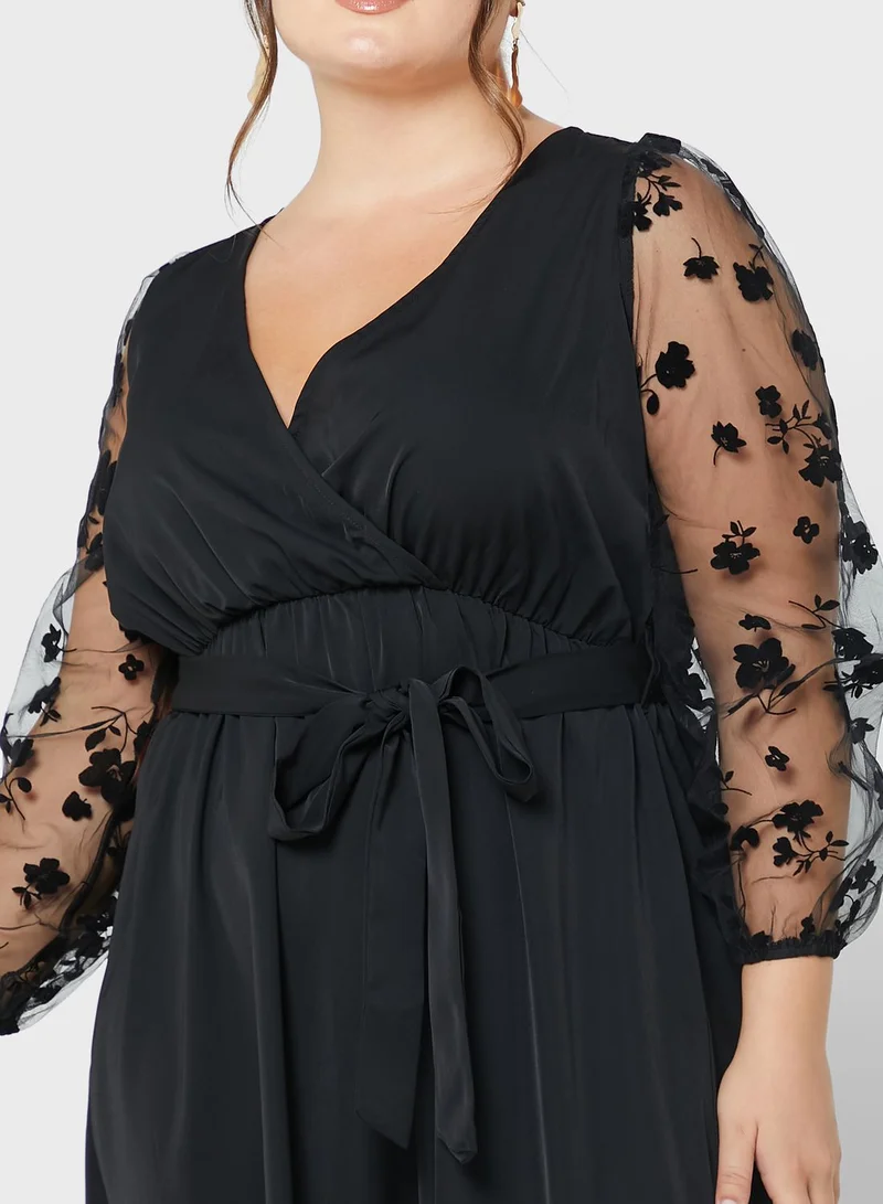 Ella Plus Mesh Sleeve Tie Waist Dress