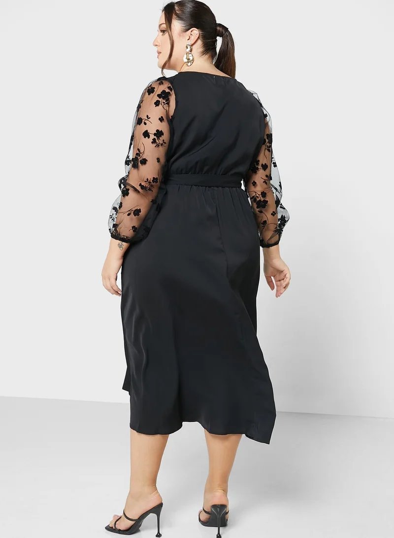 Ella Plus Mesh Sleeve Tie Waist Dress