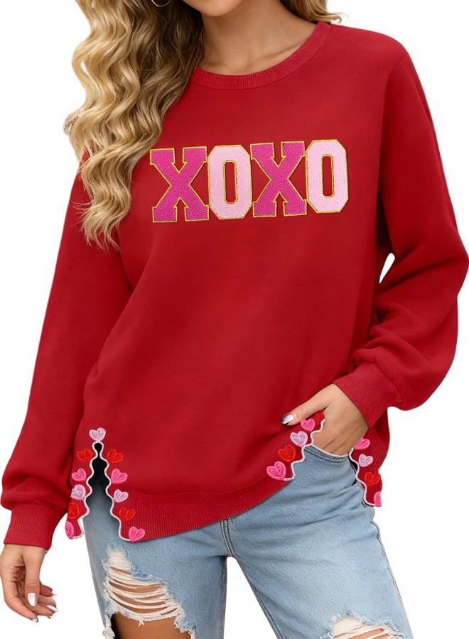 PECHAR Valentine Sweatshirts Women Love Valentines Shirts Embroidered Crewneck Long Sleeve Tops With Side Heart Applique, Xoxo-red, L - Image 1