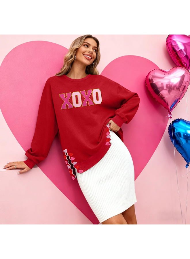 PECHAR Valentine Sweatshirts Women Love Valentines Shirts Embroidered Crewneck Long Sleeve Tops With Side Heart Applique, Xoxo-red, L - Image 2