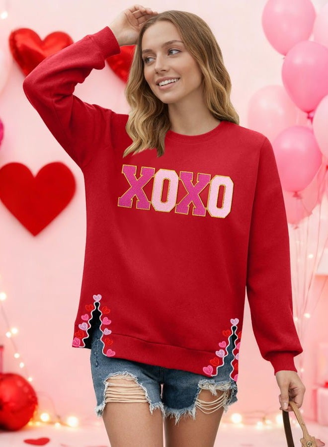 PECHAR Valentine Sweatshirts Women Love Valentines Shirts Embroidered Crewneck Long Sleeve Tops With Side Heart Applique, Xoxo-red, L - Image 3