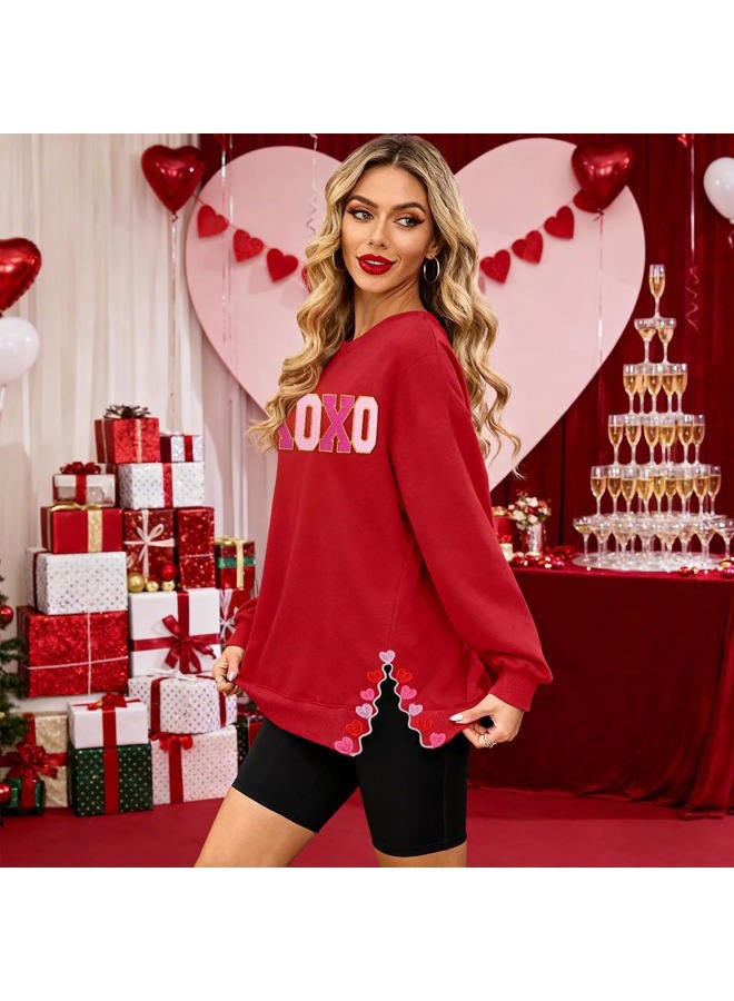 PECHAR Valentine Sweatshirts Women Love Valentines Shirts Embroidered Crewneck Long Sleeve Tops With Side Heart Applique, Xoxo-red, L - Image 5